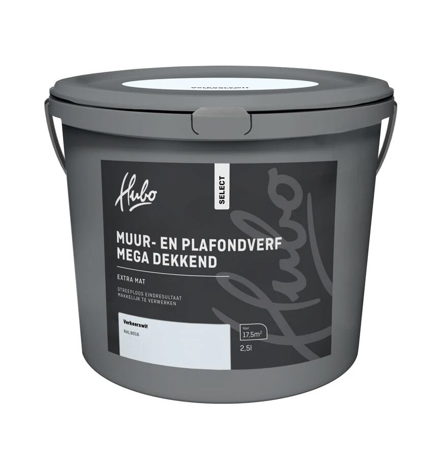 HUBO SL MUUR-PLAFONDVERF VERK.WIT 2,5LTR RAL 9016 MEGA DEKKEND